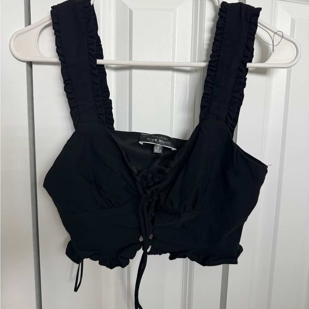 Blue Blush Black Lace-Up Ruffled Tank Top